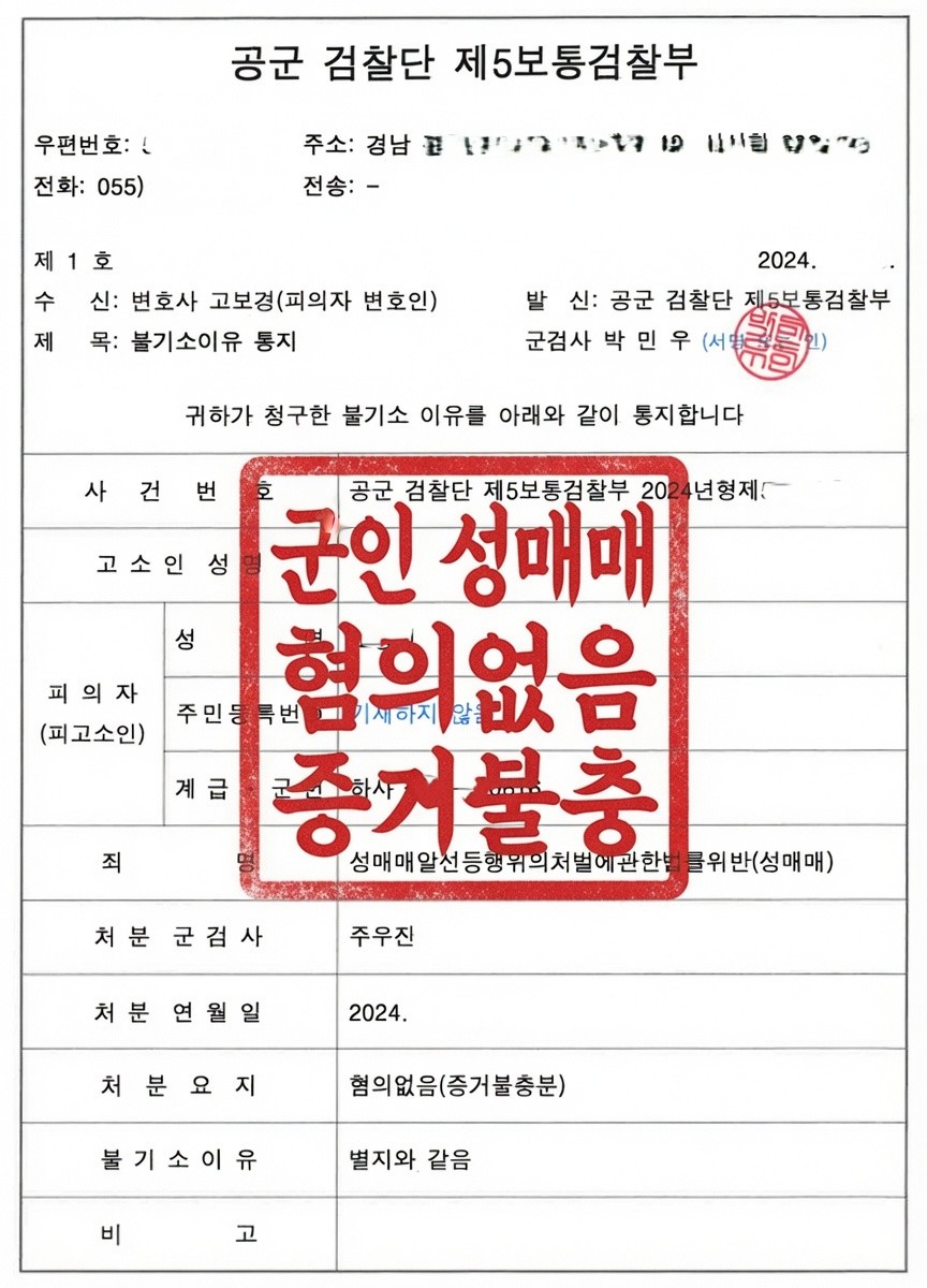 군인성매매혐의없음증거불충